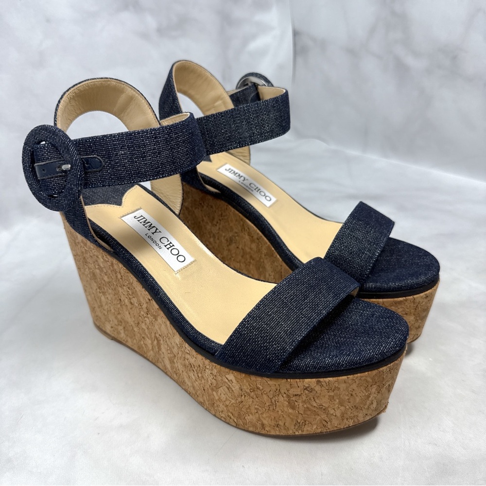 Jimmy Choo Abigail Denim Chambray Chunky Platform Cork Wedge Sandal Heels 39 - Picture 5 of 15